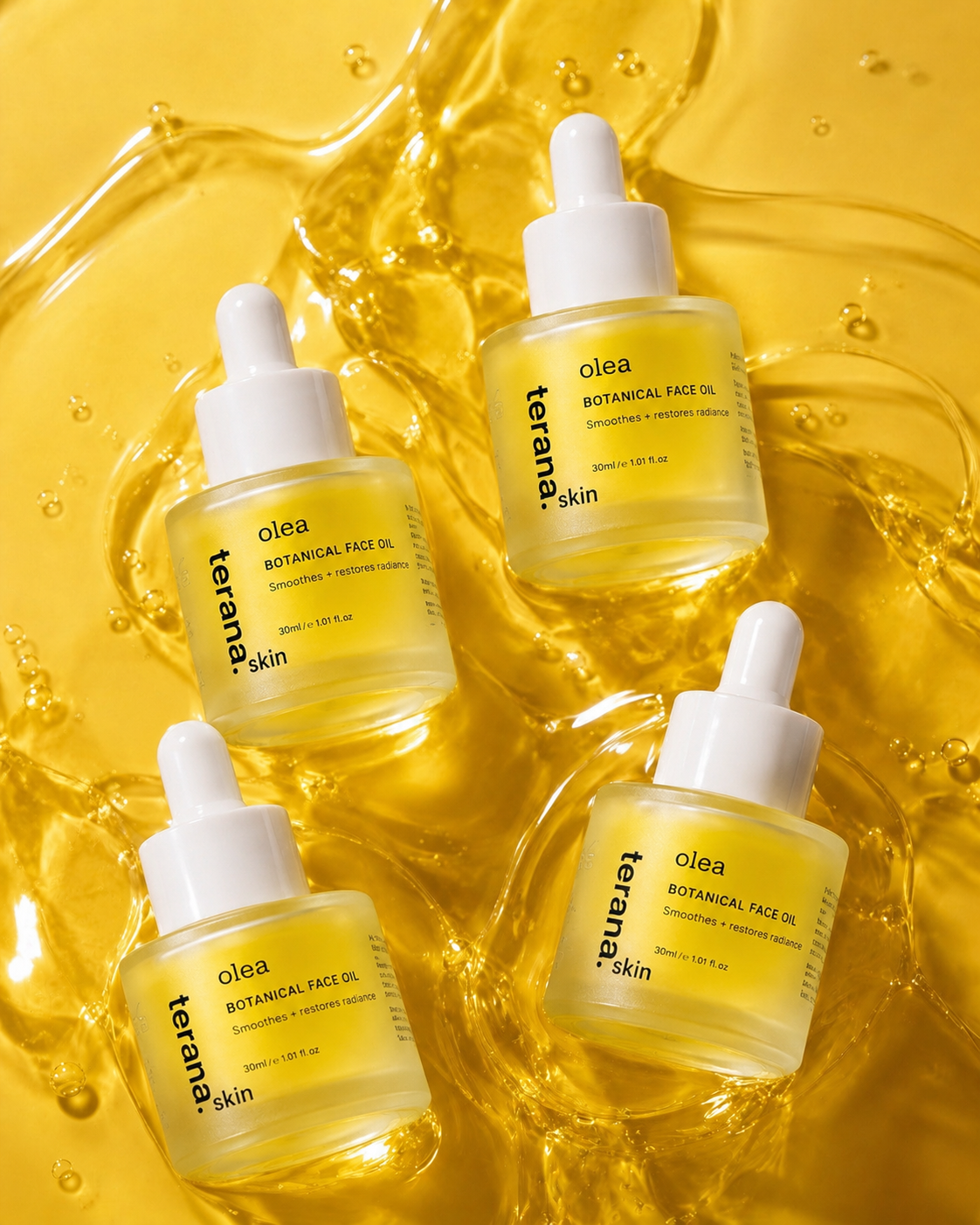 Four bottles of terana skincare olea botanical face oil on a yellow background with oil splashes.