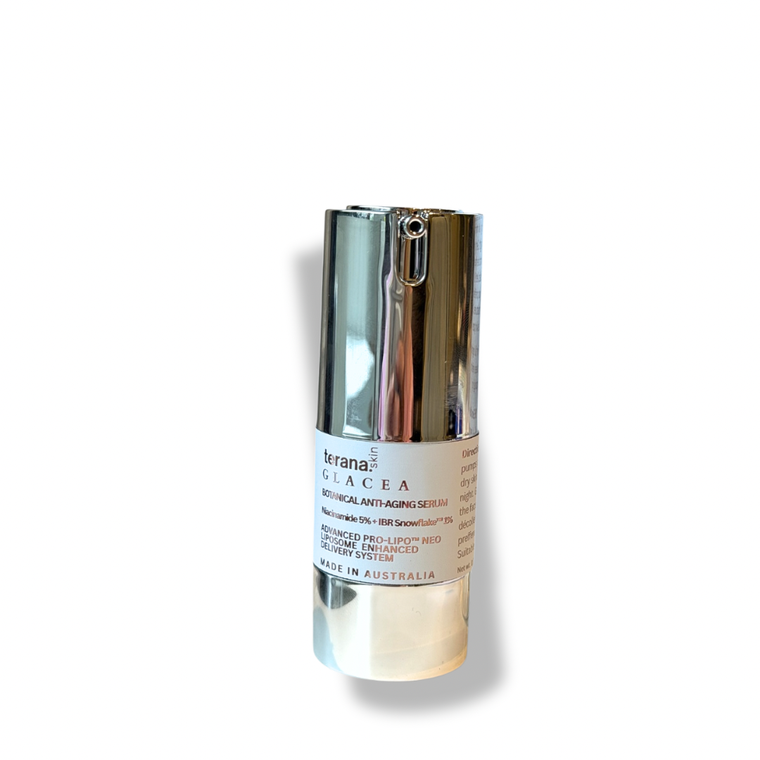 Skincare serum bottle with silver cap and visible label on a white background